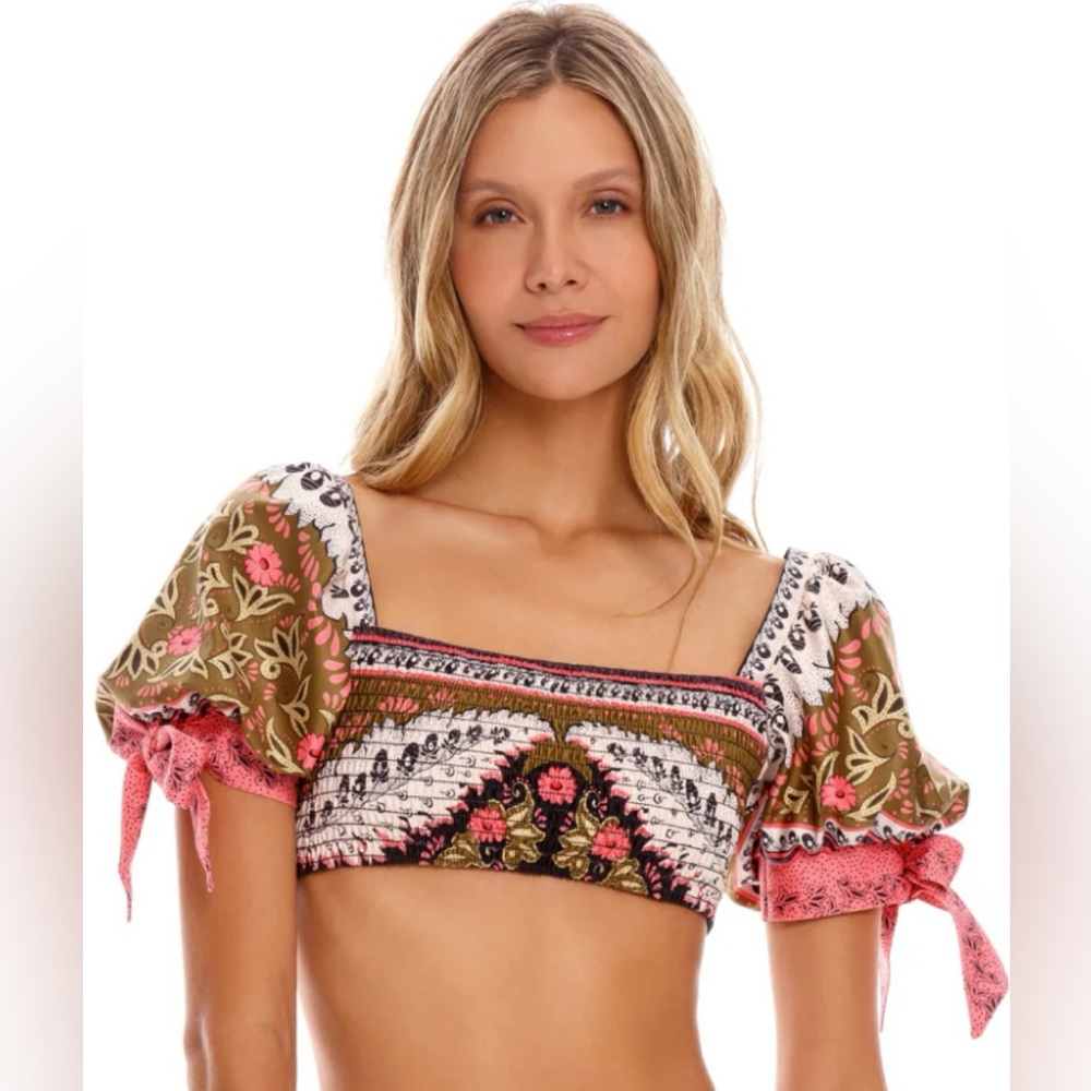 Agua Bendita Antiq Print Eileen-Lilith Puff Sleeve Bikini Top Women’s Small